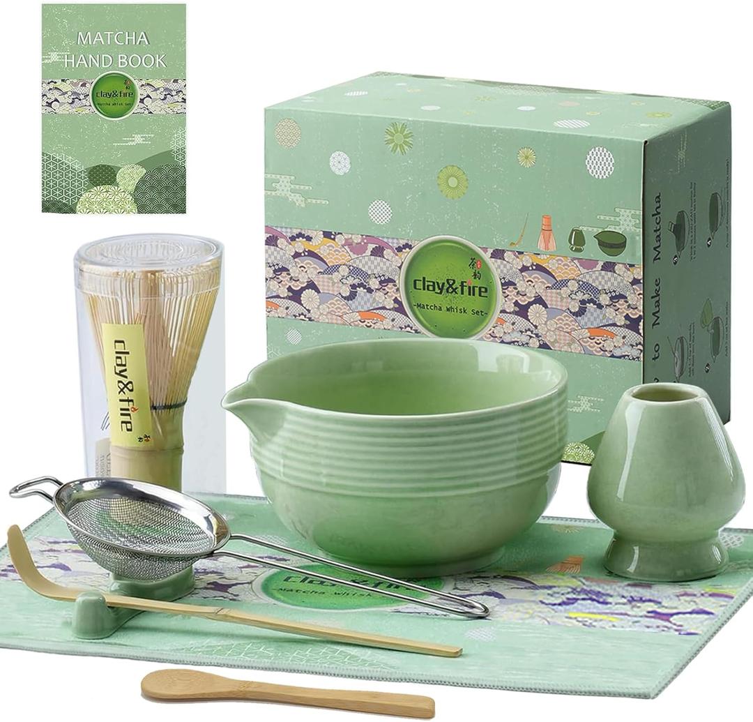 Clay&Fire Matcha Whisk Set, Ceramic Matcha Set, Matcha Bowl with Spout and Whisk, 9 pcs Matcha Tea Kit for Matcha Lovers, Ideal Gift Christmas, Birthday (Green)