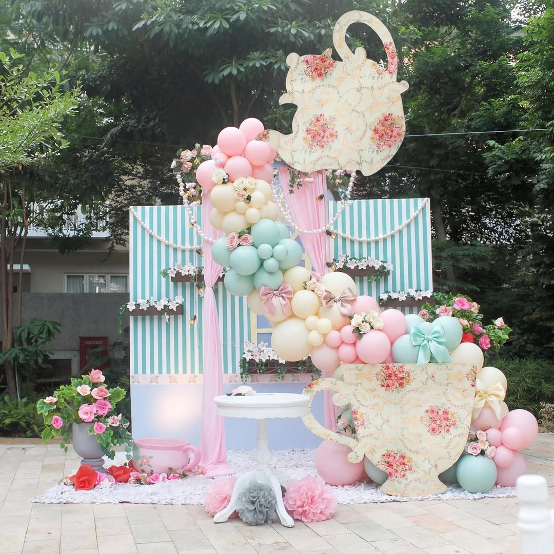Bucherry Tea Party Decorations Set 2 Pcs Wonderland Teapot Teacup Arch with 135 Pcs Macaron Green Pink Yellow Balloons for Tea Party Birthday Garden Spring Bridal Shower Wedding Entrance Backdrop