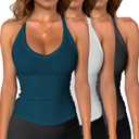 iGENJUN 3 Pack Workout Tops for Women Racerback Basic Tank Summer 2025 Camisole V Neck Slim Fit Ribbed Sleeveless (Large, Black White Teal)
