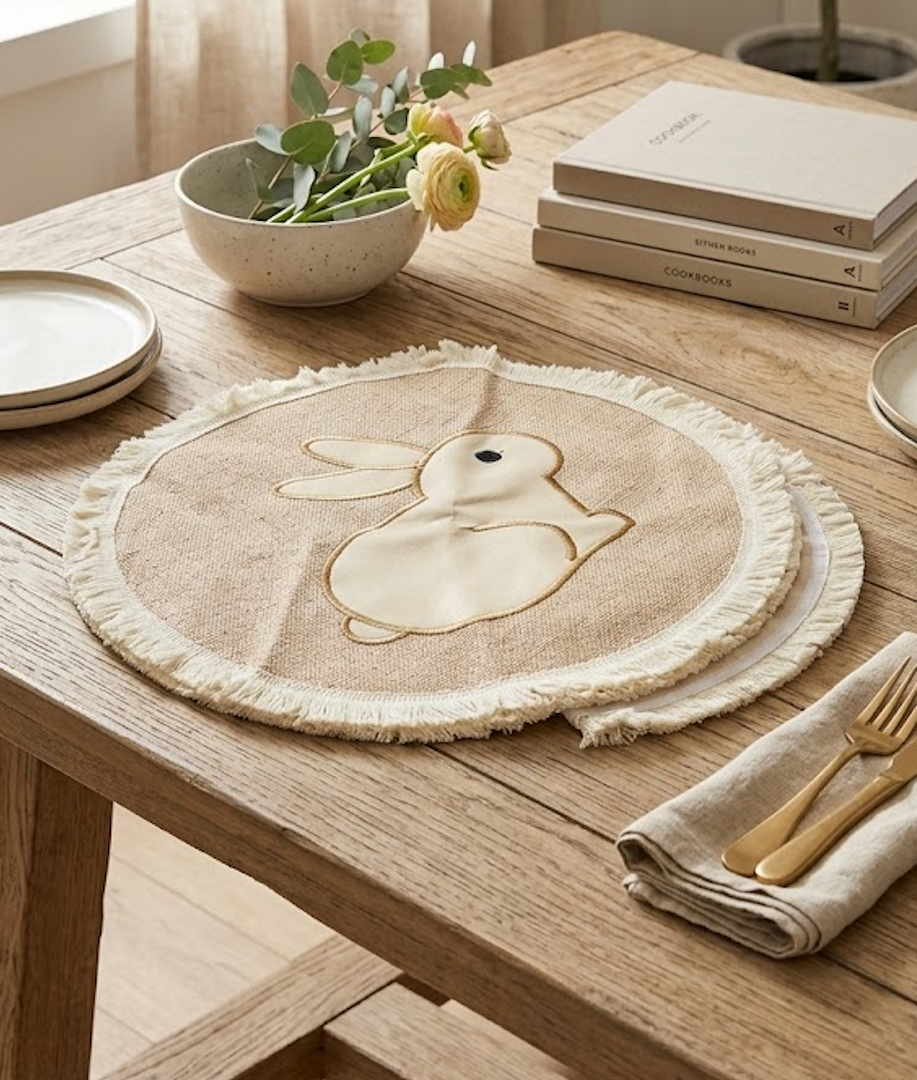 Gandeer Easter Placemats Set of 6 Embroidered Bunny Place Mats 15 Inch Round Spring Rabbit Placemats Rustic Vintage Washable Table Mats for Easter Table Home Party Decoration