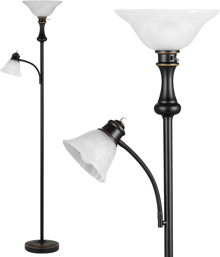 71'' Floor Lamps for Living Room, Tall Floor Lamp for Bedroom with Adjustable Angle Arc Reading lamp, Modern Torchiere Standing lamp with Glass Shade, Knob Switch, Bulb Included, Black