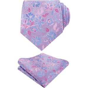 Alizeal Mens 3.15inches Rose Flower Pattern Tie with Floral Printed Pocket Square Set (145-Pink+Light Blue)