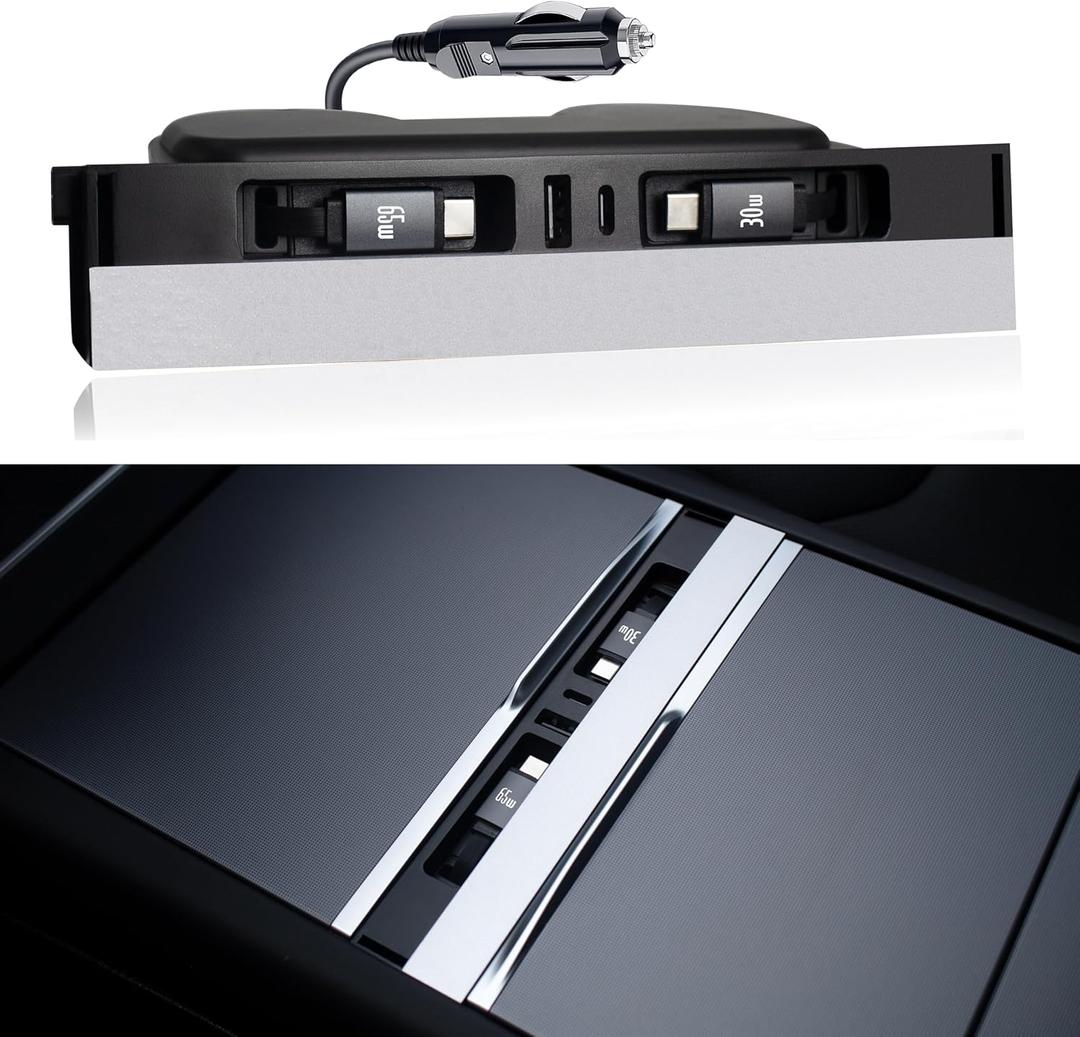 Car USB Hub Charger for Tesla Center Console with Fast Charging Retractable Cables Phone Charger Docking Station Accessories(2 Type-C(Model Y Juniper 2025-2026 & Model 3 Highland 2024-2026))