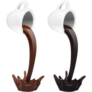 Floating Coffee Cup Sculpture, 2 Pieces 8.7 in Magic Pouring Spilling Splash Coffee Mugs, Funny Resin Coffee Mug Decorations for Cafe or Kitchen (Brown, Black)