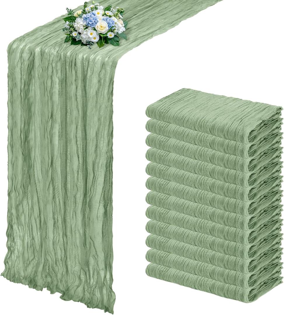 12 Pack Sage Green Cheesecloth Table Runner 17x108 Inch Semi Sheer Boho Gauze Cheese Cloth Fabric Table Runners, for Wedding Party Baby Shower Birthday Home Decor Garden Farmhouse