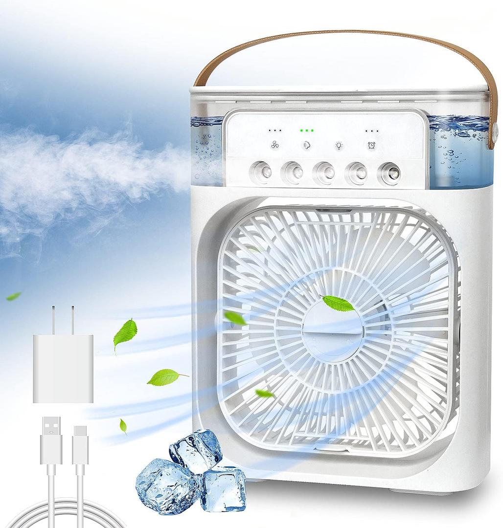 NTMY Portable Air Conditioner Fan, Mini Evaporative Air Cooler with 7 Colors LED Light, 1/2/3 H Timer, 3 Wind Speeds and 3 Spray Modes for Your Desk, Nightstand, or Coffee Table