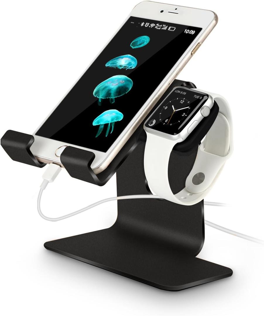 2 in 1 Charging Stand Holder Dock Compatible for Apple Watch Series Ultra2/Ultra/10/9/8/7/6/5/4/3/2/1/SE (38mm/40mm/41mm/42mm/44mm/45mm/46mm/49mm) and Cell Phone/Tablet - Black