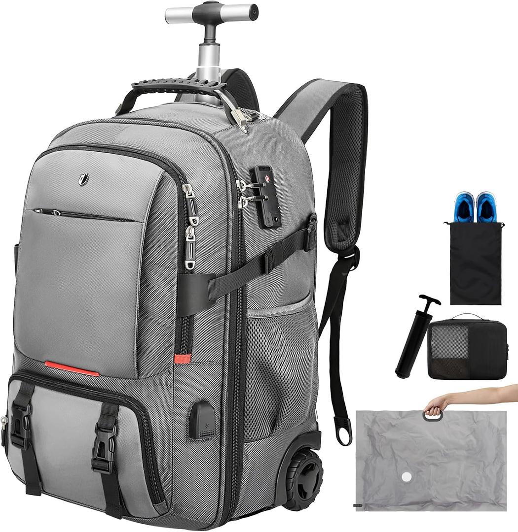 Backpack with wheels,rolling backpack with 2 Packing Cubes and compression bags,Laptop Compartment,Water Resistant Luggage suitcase,Air Travel,Weekend Trips (Grey), Large