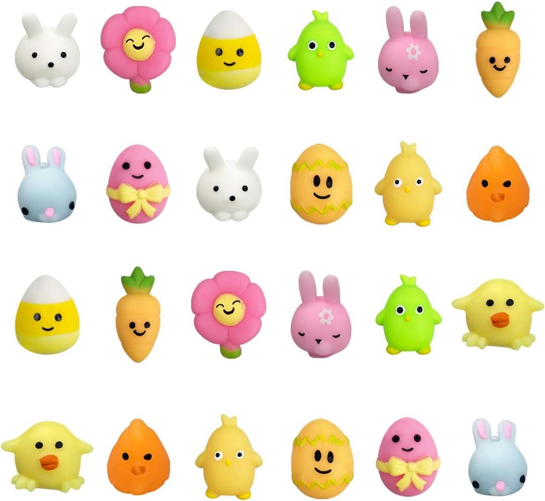 24 PCS Easter Mochi Squishy Toys Stress Relief Squishies for Kids Boys Girls Toddlers Easter Basket Stuffers Egg Fillers Gifts Party Favors