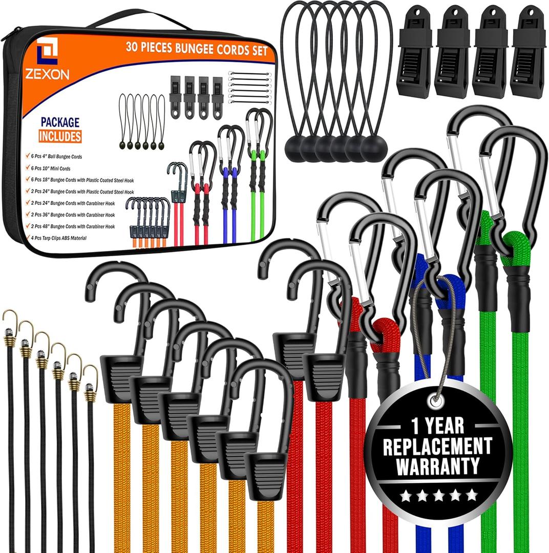 30 Pcs ZEXON Premium Bungee Cords with Hooks Heavy Duty Outdoor Assorted Sizes 10", 18", 24", 36", 48" Bungee Cords with Carabiner Hooks and Plastic Coated Hooks, Tarp Clips,Ball Bungees & Storage Bag