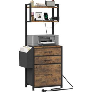 HIGDBFE 3 Drawer File Cabinet with Charging Station, 45''H, 3-Tier Small Filing Cabinet for Home Office, 11''*16'' for Small Printer, Fabric Drawer Fits Letter/A4, Tall Printer Stand, Rustic Brown