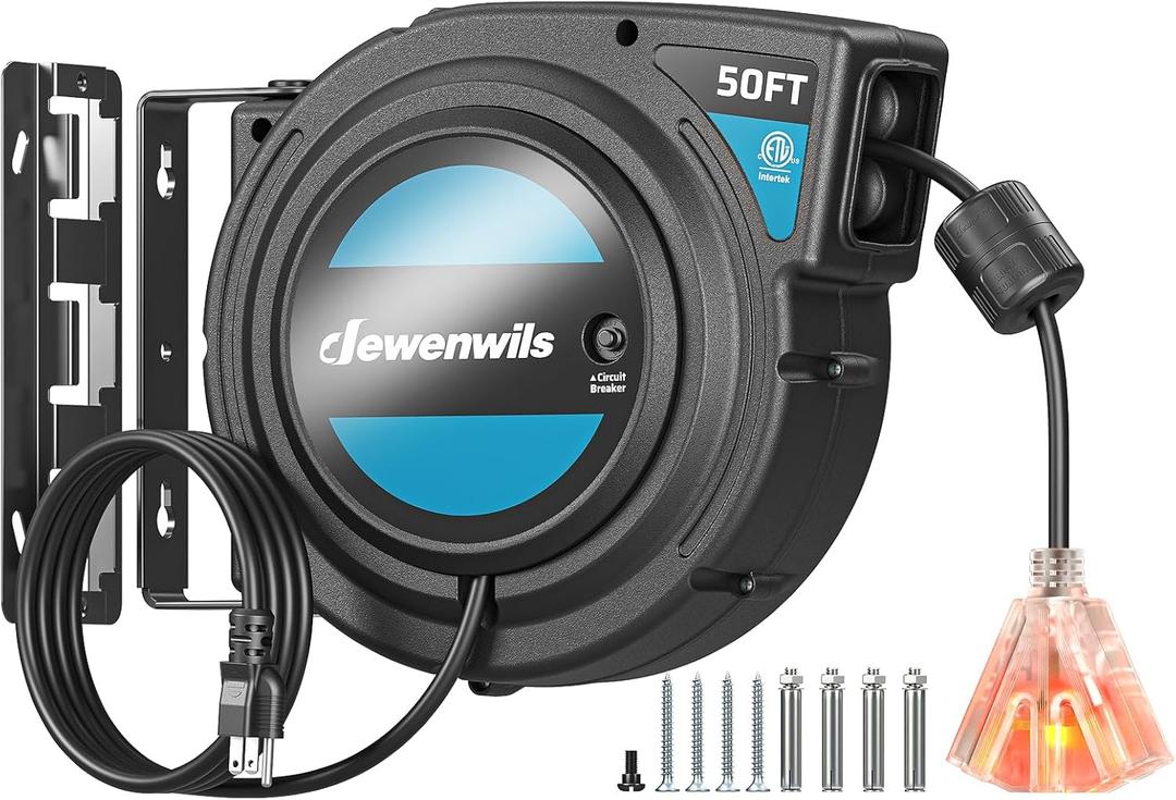 DEWENWILS Extension Cord Reel with Twist-lock Stopper, Brighter Triple Tap Outlet Heavy Duty Power Retractable Cord Reel, 180 Swivel Bracket for Ceiling or Wall Mount, ETL Listed, Black