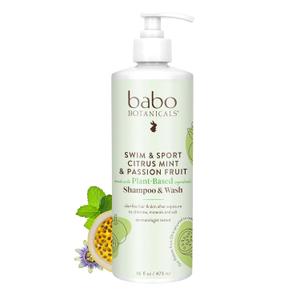 Babo Botanicals Swim & Sport Citrus Mint & Passion Fruit Shampoo & Wash - Purifying Cleanser for hair & body- Removes chlorine & sweat - For all ages - Scented with Citrus & Peppermint Essential Oils (16 Fl Oz (Pack of 1))