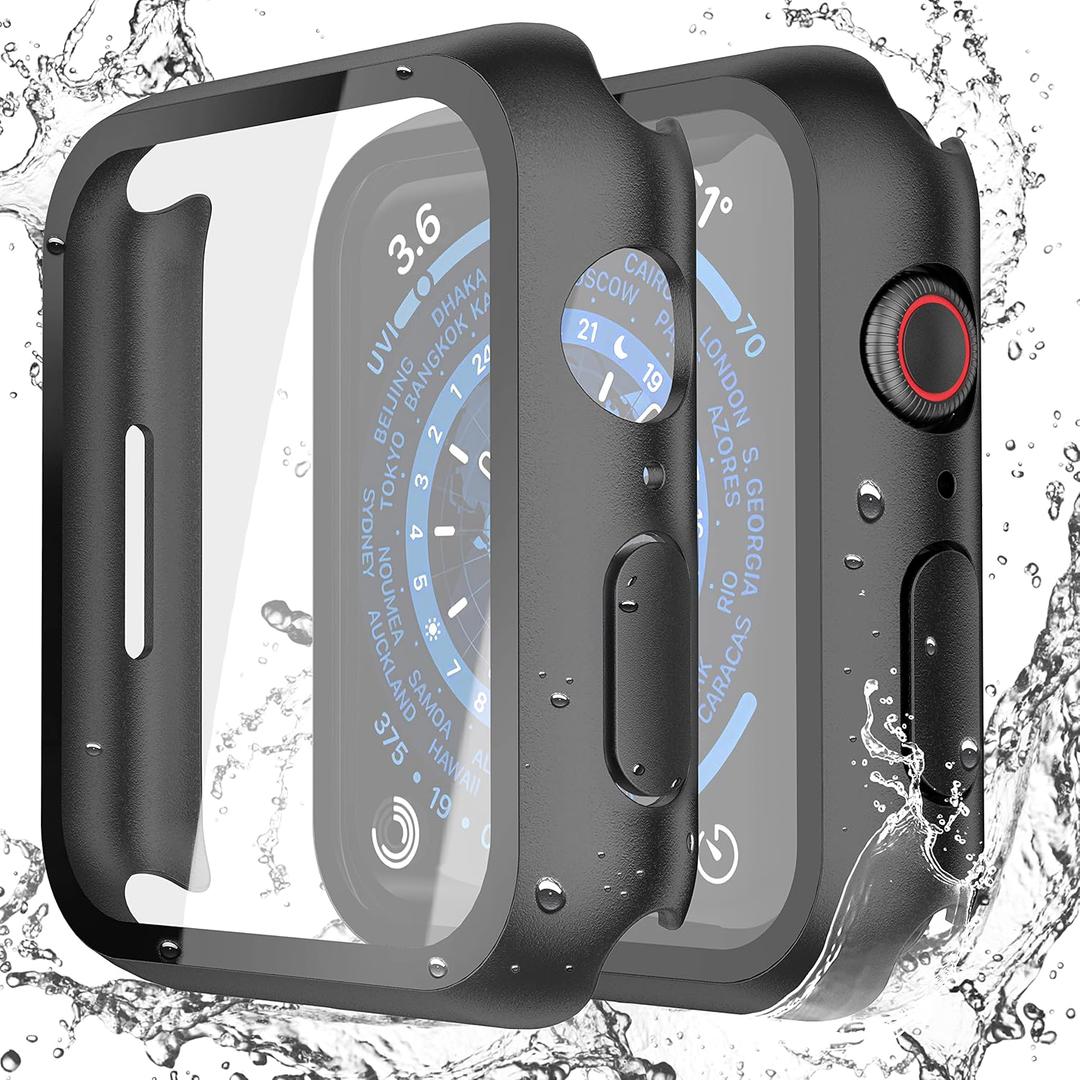 Misxi 2-Pack Waterproof Hard Case with Tempered Glass Compatible with Apple Watch Series 9 Series 8 Series 7 45mm, Ultra-Thin Tough Protective Cover for iWatch Screen Protector, Matte Black