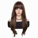 GNIMEGIL 24 inch Brown Wig with Bangs for Women Long Wavy Hair Wigs Brown Highlight Wig Curly Wavy Premium Synthetic Wigs for Girls Daily Party Use (Brown Mixed Blonde)
