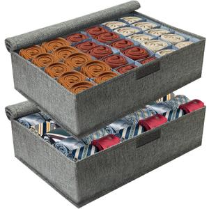 PINGMIC Gray Sock Organizer Divider 2 Pack with Lid - 30 Cell Foldable Closet Storage, Tie Organizer For Men Boxes for Socks, Ties, Belts