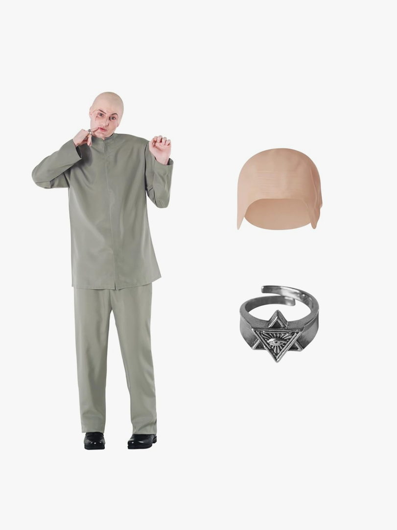 Morph Grey Villain Costume With Baldcap, 60s Costume Men, Funny Halloween Costumes For Men XXL