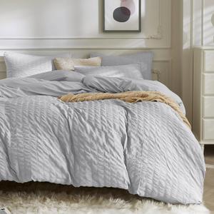 JELLYMONI Light Grey Duvet Cover Twin Size, 3pcs Washed Microfiber Bedding Set, Soft Breathable Seersucker Duvet Cover Set with Zipper Closure and Corner Ties for All Seasons