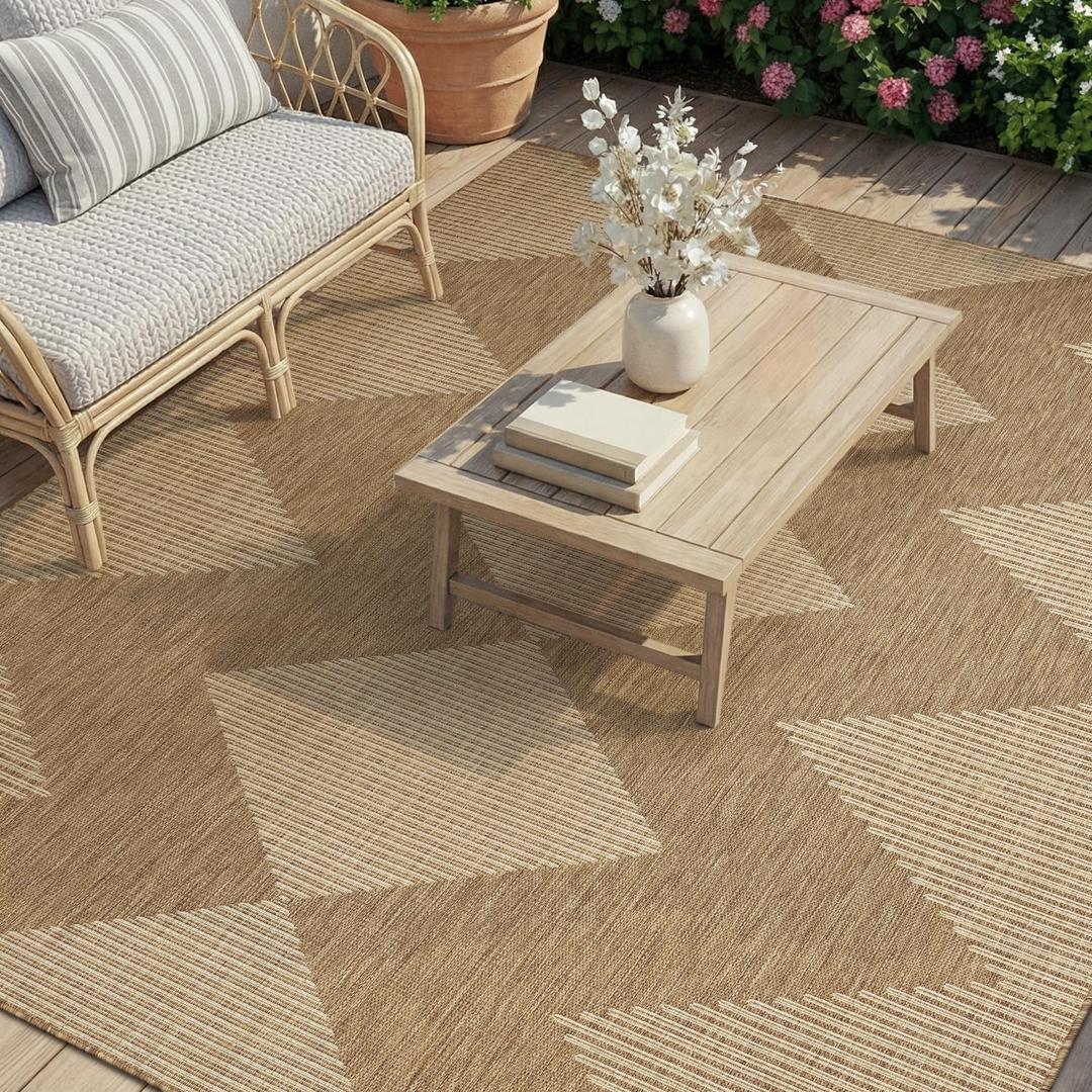 MontVoo-Outdoor Rug Carpet Patio Rug 6x9 ft Polypropylene Indoor Outdoor Rugs for Patio Deck Balcony Porch, Textured Weave, Durable for High Traffic, Fade-Resistant, Boho Geometric Neutral Brown