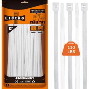 12 Inch White Zip Ties Heavy Duty 200 Pack,110 LBS Tensile Strength, Self-Locking UV Resistant Cable Ties for Indoor and Outdoor Use