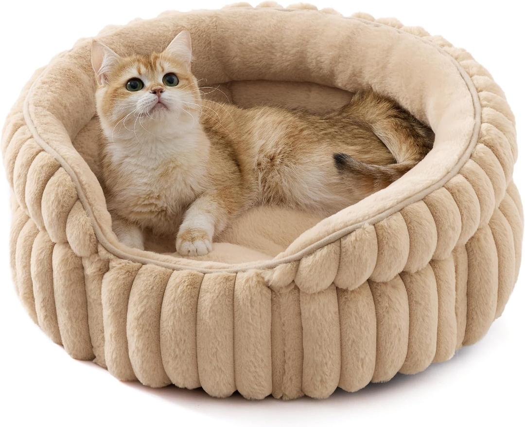 Bedsure ComfyFleece Cat Bed, Washable Round Cute Pet Beds for Indoor Cats, Super Soft Corduroy Kitten Bed with Anti-Slip Bottom, 20''x20''x8'', Sandy Beige