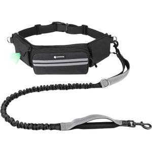 Hands Free Dog Leash with Dog Walking Fanny Pack for Large Medium Small Dogs, Heavy Duty Durable Reflective Waist Bungee Leash for Dog Training,Night Walking Running Jogging Hiking (1 Leah, Black)