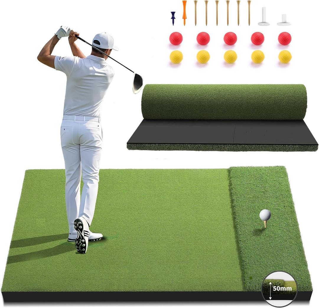 Fanshaw Premium Dual-Turf Golf Mat 5x4/6x4ft 40-50mm Thickened for Practice | Golf Hitting Mat: Tee, Fairway & Rough Turf for Driving & Chipping, Indoor & Outdoor Backyard&Simulator Training, 5 x 4 ft - 1.93"