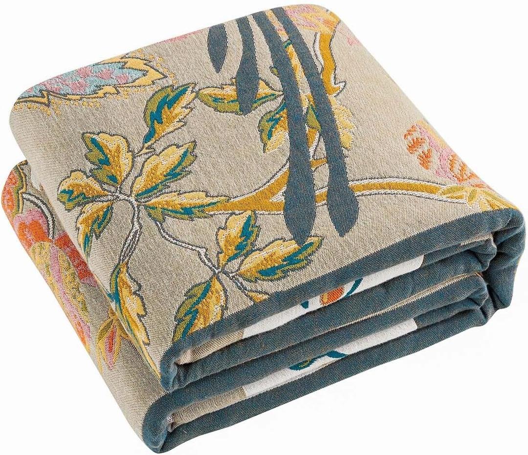 Boho Blanket, 100% Cotton Farmhouse Decorative Throw Blanket, 50"x60" Reversible Bohemian Throw Blanket, Brown All Season Muslin Breathable Woven Blankets Quilt (Queling)