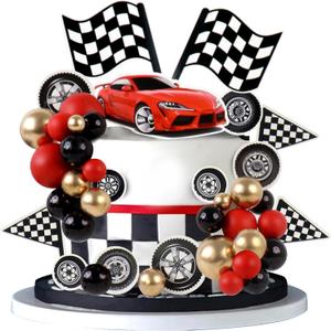 Ercadio 42Pcs Black Red Race Car Balls Cake Toppers Check Flag with Multicolor Balls Cake Decorations for Race Car Party Baby Shower Kids Racing Theme Funny Birthday Party Decoration Supplies