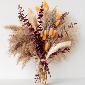 Fall Dried Flower Bouquet with Pampas Grass, Orange Bunny Tails, Lavender & Red Eucalyptus Boho Fall Decor for Home, Vase, Porch & thanksgiving Autumn Floral Arrangements for Fall Decorations Indoor