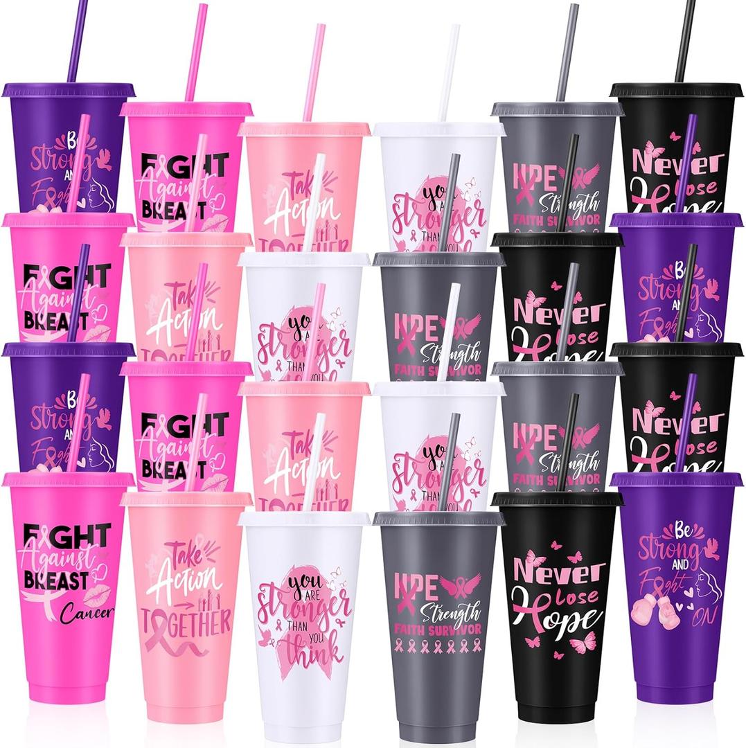 24 Pcs Breast Cancer Plastic Tumbler Cups with Lid and Straw 24 oz Reusable Breast Cancer Awareness Tumbler Inspirational Pink Ribbon Cups Survivor Gifts for Woman Party Supplies (Colorful)