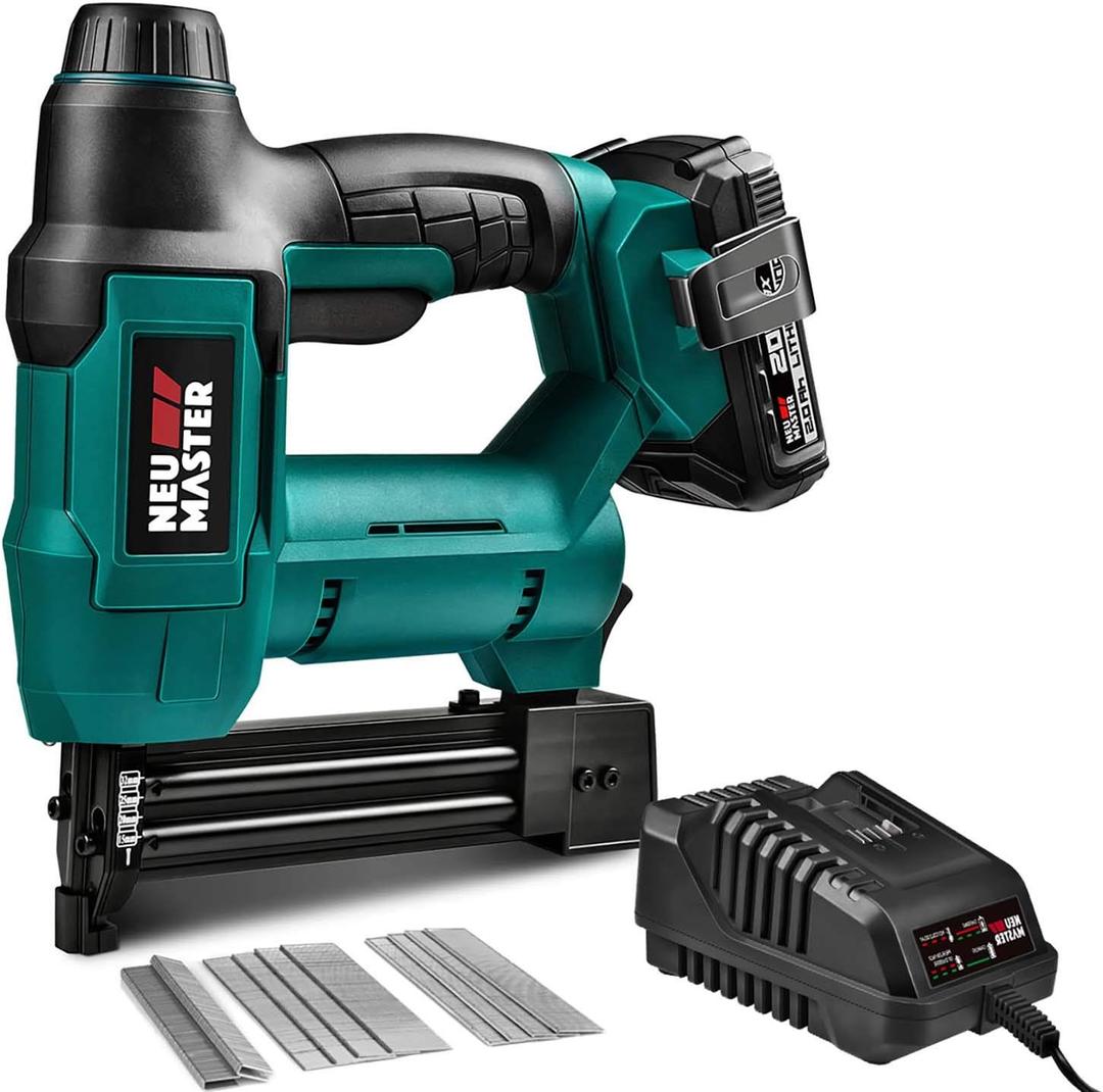 NEU MASTER Cordless Nail Battery Powered, Battery Brad Nailer/Staple NTC0023 20V Max. Battery and Charger Included for Upholstery, Woodworking and Carpentry