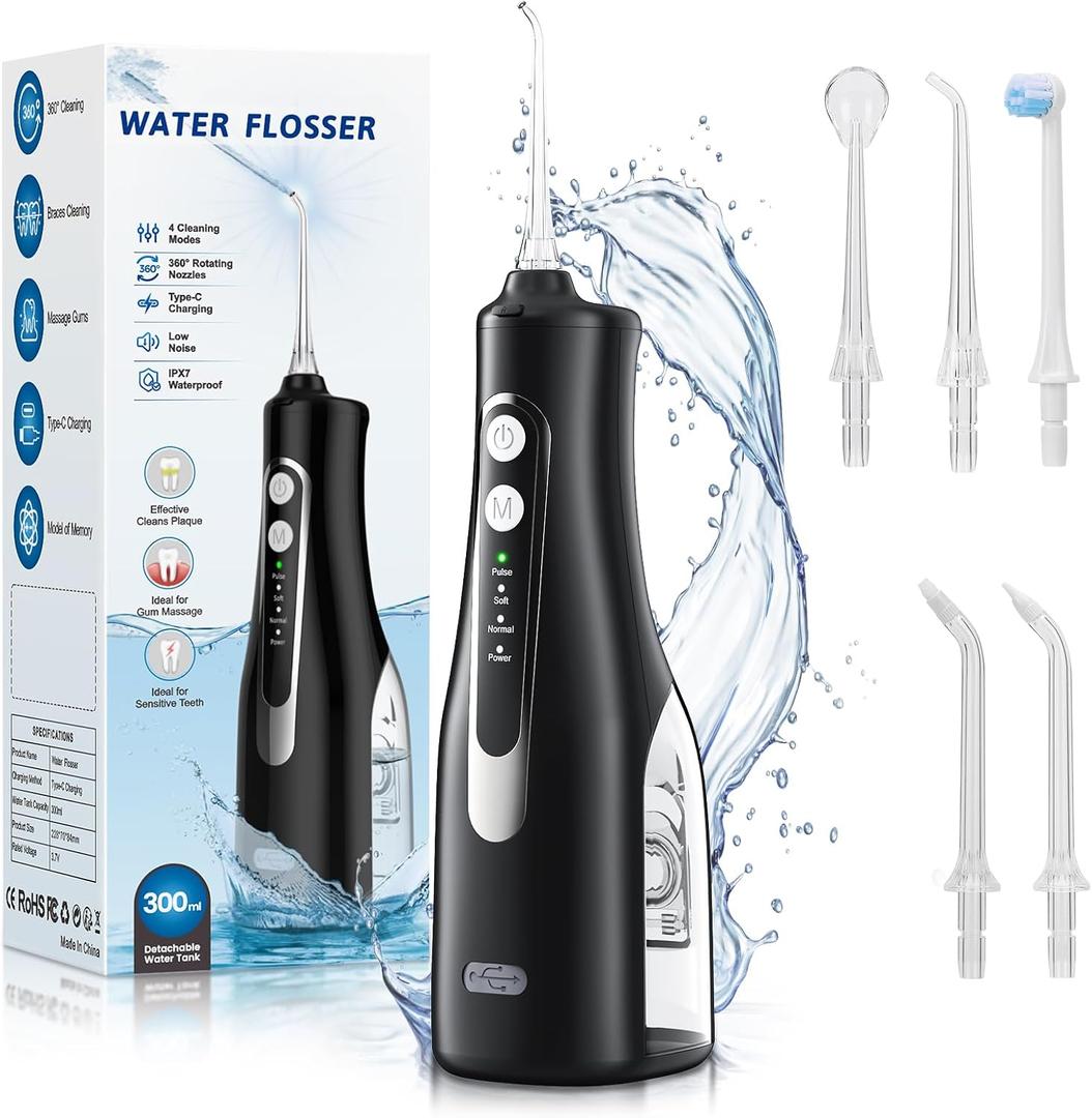 Water Dental Flosser Teeth Pick - 4 Modes Cordless Oral Irrigator - 300ML Portable and Rechargeable IPX7 Waterproof - Water Dental Piks for Cleaning for Home Travel - Oral Dental Care Fsa Hsa