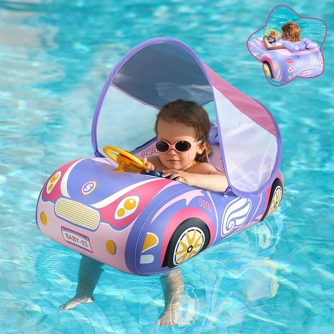 Baby Pool Float with 3D Car Design, PVC Baby Swim Float, Toddler Pool Float, Swimming Floats Seat Boat Pool Toys with Steering Wheel for 12-18, 12-24 Months, Age 2-3, 3+ Years Girl Boy (Pink Canopy)