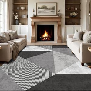 8x10 Area Rug for Living Room, Grey Black Abstract Geometric Area Rugs, Washable Soft Modern Floor Carpet for Indoor Decor, Low Pile Non-Slip Contemporary Square Rug Mat for Bedroom