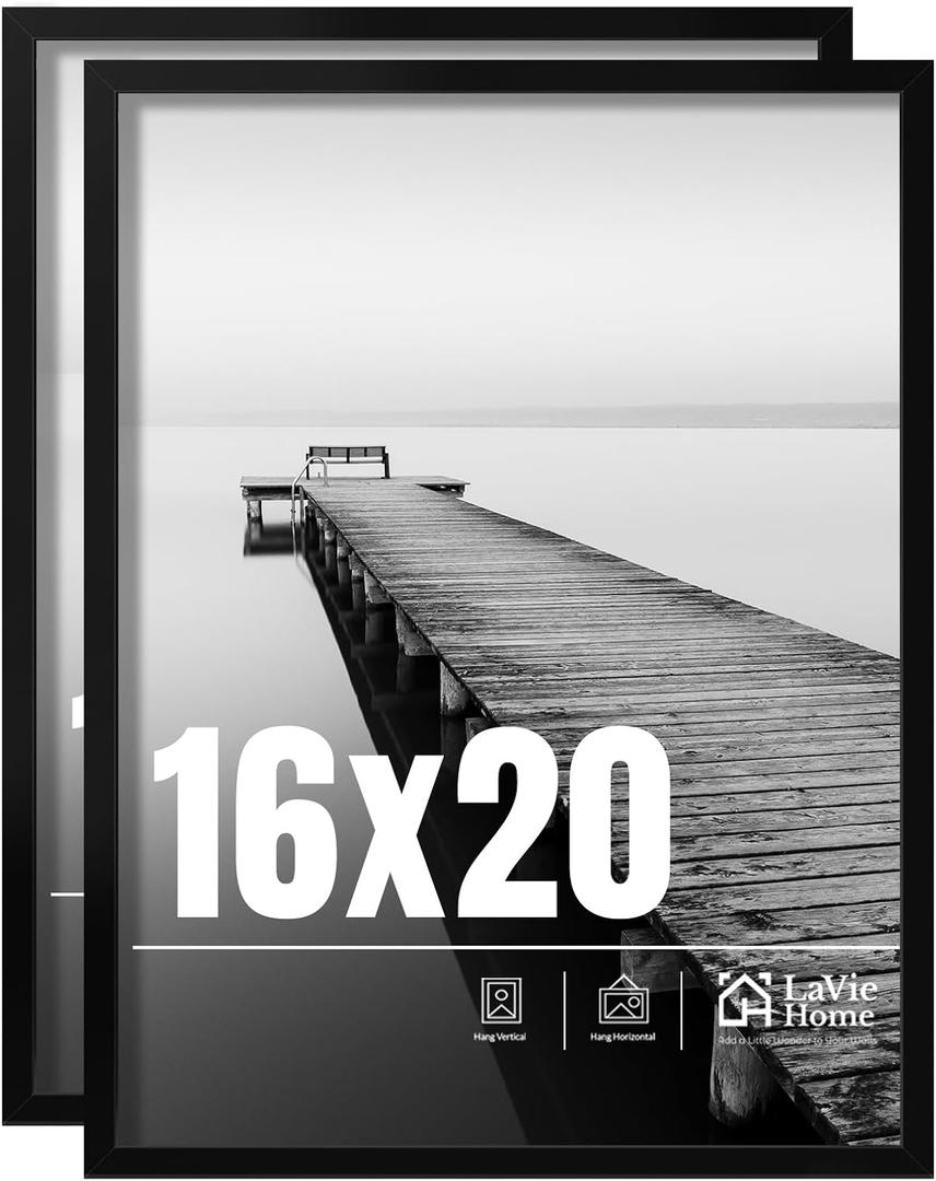 LaVie Home 16x20 Picture Frame 2 pack, Display Pictures 16 x 20 Poster Frame, 16x20 Black Photo Frame with HD Plexiglass, Display Frame for Vertical or Horizontal, Classic Collection