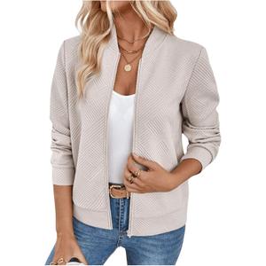 Verdusa Women's Zip Up Bomber Jacket Casual Long Sleeve Textured Lightweight Coat Business Casual Outfits Spring Fall Clothes (Medium, Khaki)