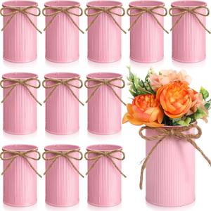 Rustic Vase for Table Centerpieces 4.33 Inch Small Petite Flower Vase with Twine Bow Vintage Farmhouse Decor for Wedding Reception Dining, Home Galvanized Metal Buckets(Pink,12 Pcs)