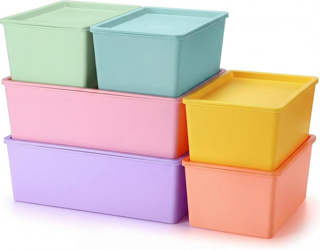 Menkxi 6 Pcs Plastic Storage Bins with Lids Stackable Storage Containers Durable Box Baskets for Organizing Shelves Playroom Classroom Office (Macaron Color, Large and Small)