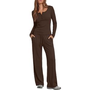 Darong Womens 2 Piece Matching Lounge Sets 2026 Long Sleeve Henley Shirts Wide Leg Pants Airport Travel Outfits Small
