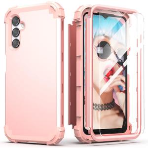 IDweel for Galaxy A16 5G Case with Screen Protector, Hybrid 3 in 1 Shockproof Heavy Duty Protection Hard PC Bumper+Soft Silicone Protective Full Body Cover for Samsung Galaxy A16 5G 6.7", Rose Gold
