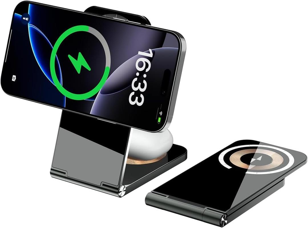 2-in-1 Wireless Charger iPhone Magnetic Charging Station, Foldable Dual 15W Wireless Charging Compatible with Magsafe Charger Stand for iPhone 17 16 15 14 13 12, Foldable Portable Phone Charger Stand