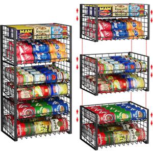 3-Pack Stackable Can Rack Organizer for Pantry, Adjustable Can Holder for Various Ounce of Cans up to 90, Rolling Can Dispenser for Canned Food Soup Goods Storage in Kitchen Cabniet, 2 Tier, Black