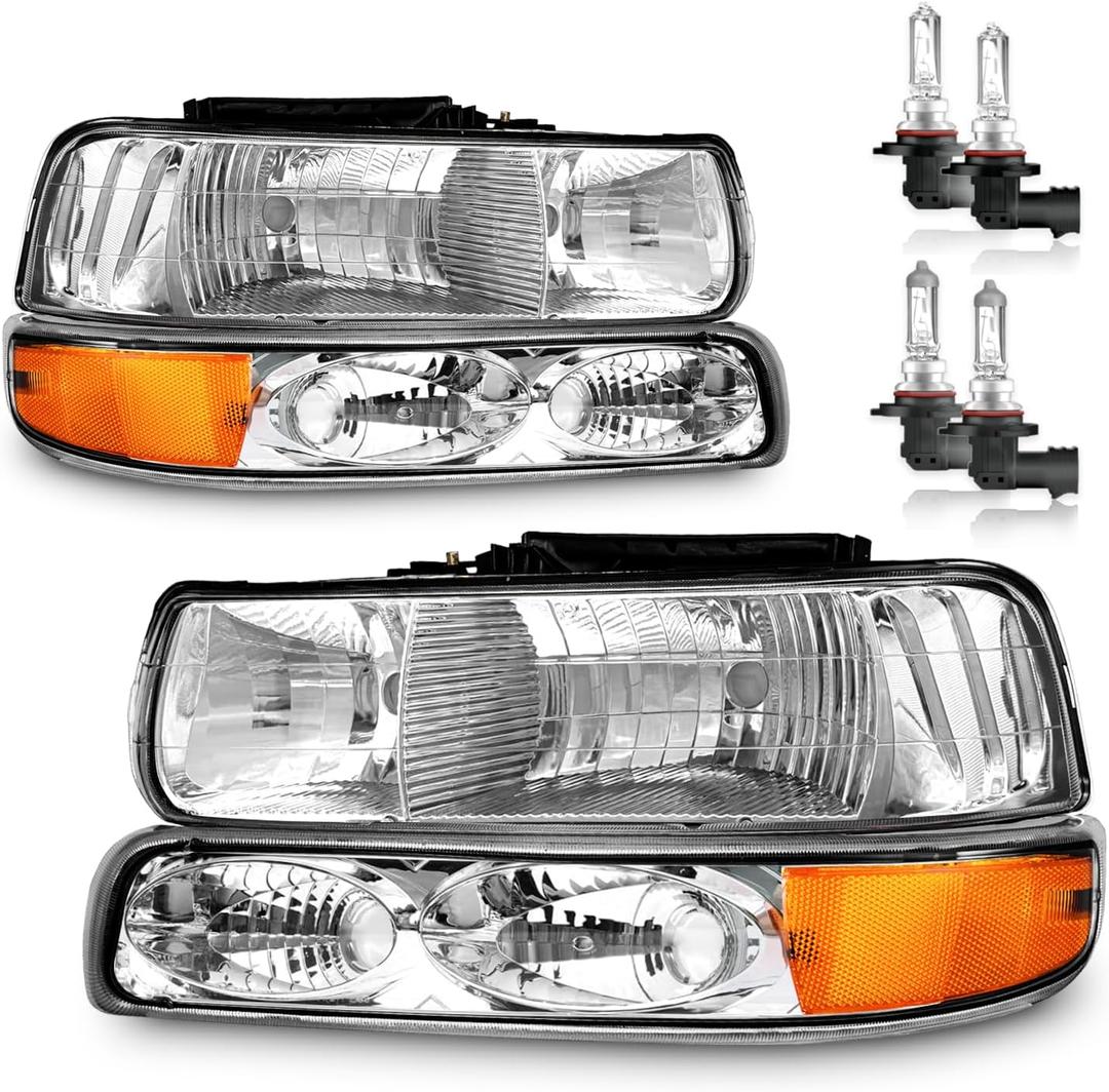 Headlights Assembly for 99-02 Chevy Silverado 1500 2500; for 01-02 Silverado 1500HD 2500HD 3500HD; for 00-06 Tahoe Suburban Headlight+Bumper Parking Turn Signal Marker Light with Bulbs