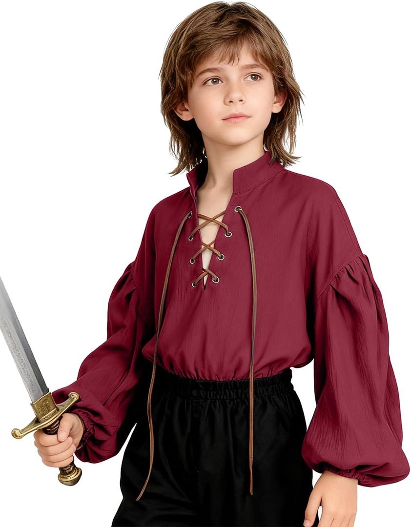 L'VOW Medieval Boys Shirt Renaissance Kids Lace-up Pirate Shirts Retro Viking Colonial Costume Top (12-14 Years, Red)