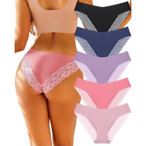 FINETOO Underwear for Women Lace Sexy Hipster V Cut No Show Bikini Panties Seamless Cheeky 5 Pack, (Large)