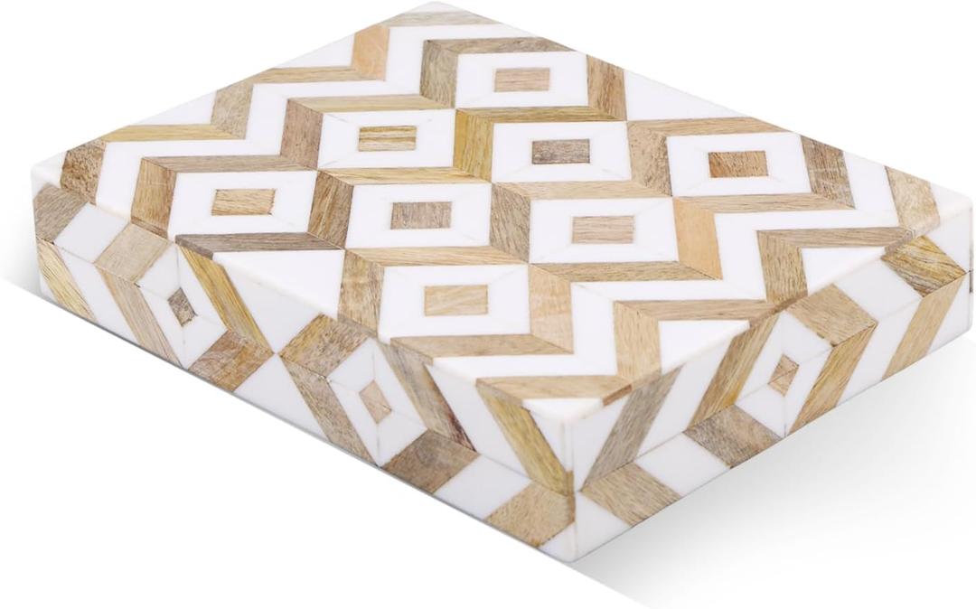 Handicrafts Home White Decorative Storage Box with Lid Wooden Desk Organizer Box Office Storage Box for Workspace Desk Decor Organizer  Resin Inlay Marquet Array Collection - 6x8x1.5