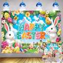 Happy Easter Backdrop Colorful Eggs Bunny Floral Background for Spring Easter Party Banner Decoration Kids Birthday Baby Shower Event Supplies Photo Booth Props 8x6FT