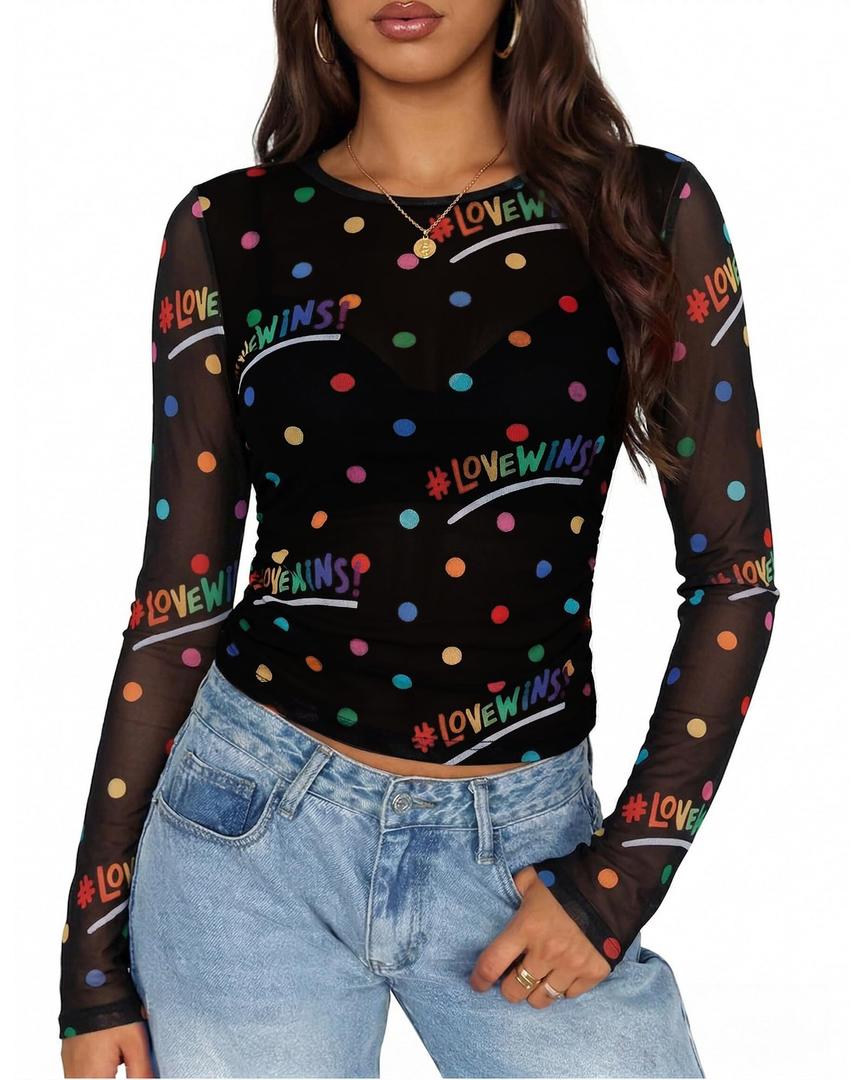 Pride Sheer Tops for Women LGBT Mesh Long Sleeve Top See Through Sexy Going Out Tee Love Wins Graphic Undershirt (Black, S)