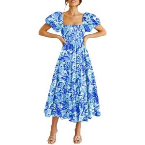 PRETTYGARDEN Women's Casual Summer Midi Dress Puffy Short Sleeve Square Neck Smocked Tiered Ruffle Dresses L PRETTYGARDEN Women's Casual Summer Midi Dress Puffy Short Sleeve Square Neck Smocked Tiered Ruffle Dresses L